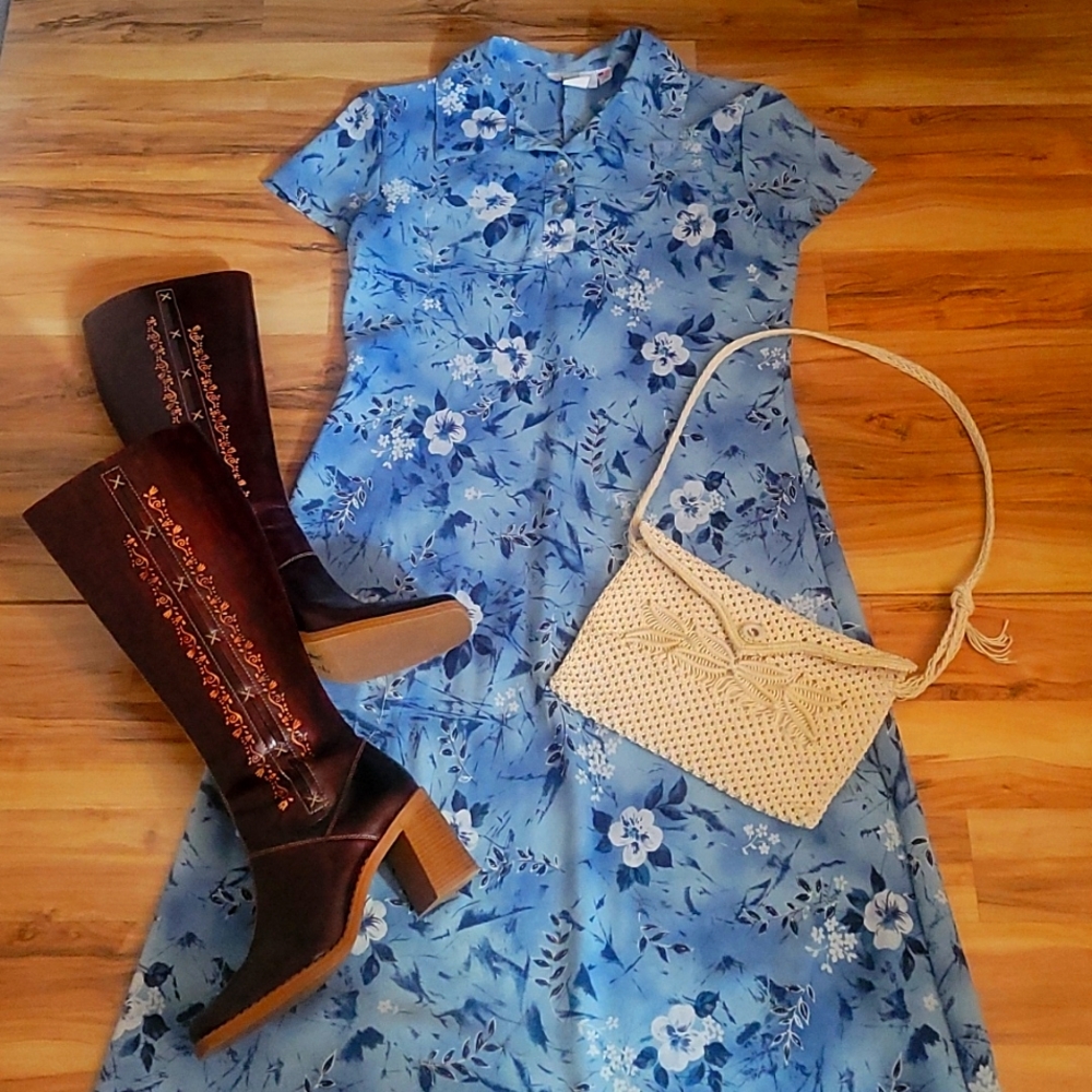 Vintage 90s Floral Shirt Maxi Dress M-L